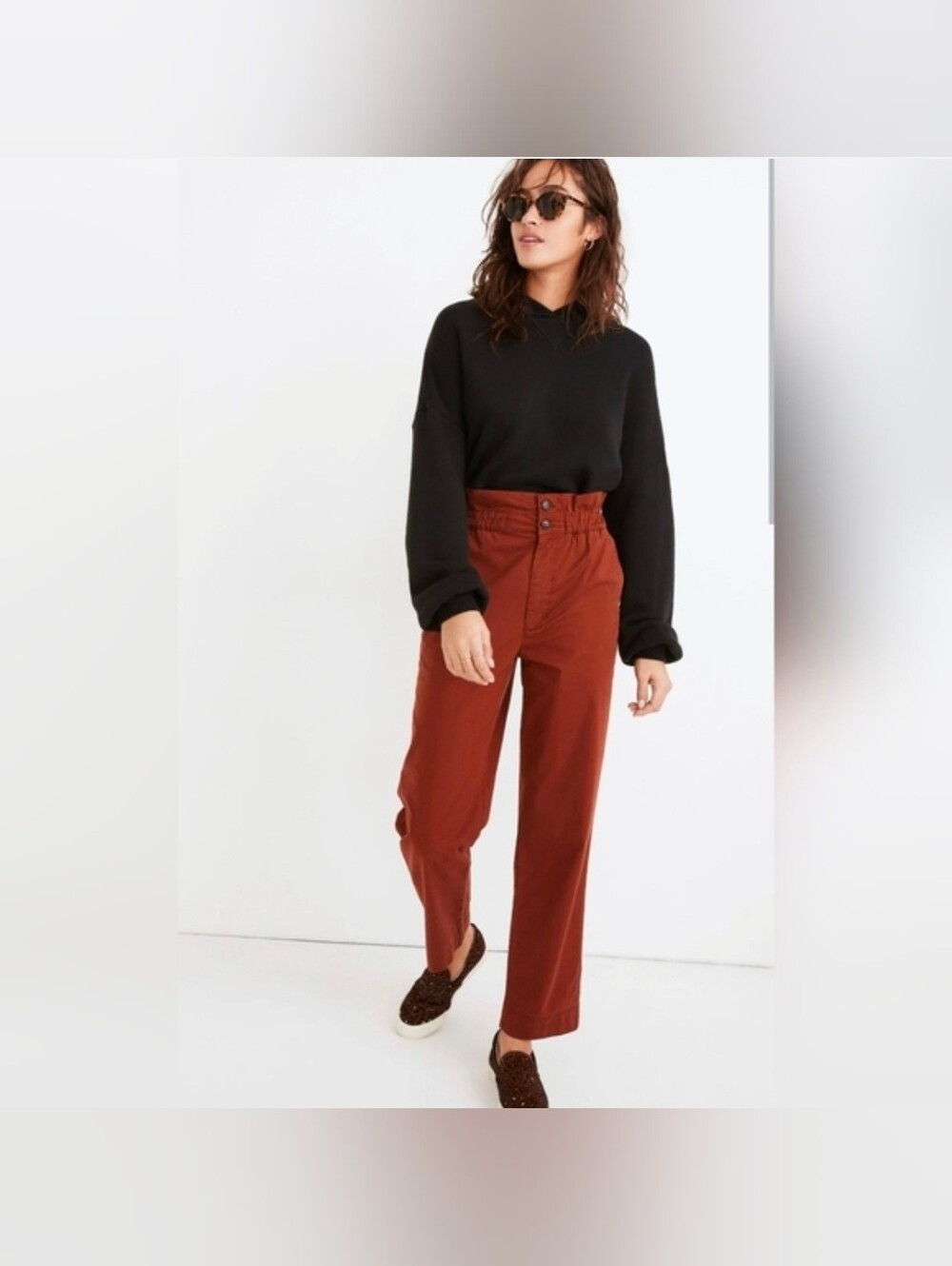 Madewell Paper Bag Pants High Waist Tapered Straight Leg, Maroon, 8